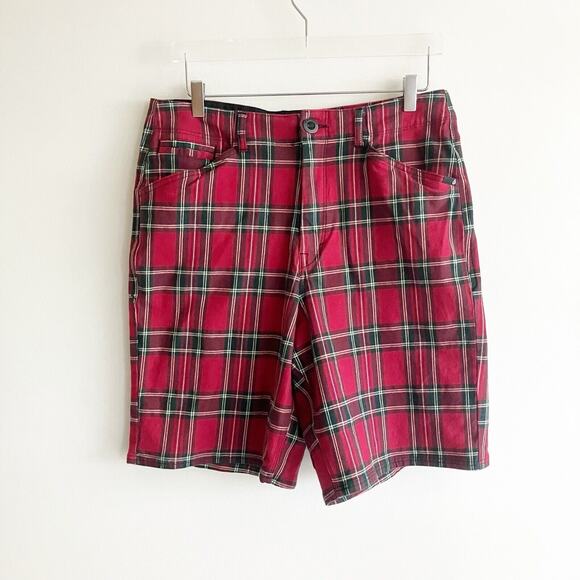 Volcom Mens Size 32 Shorts Plaid True To This Red Dark Gray White Spring Summer - Picture 1 of 6